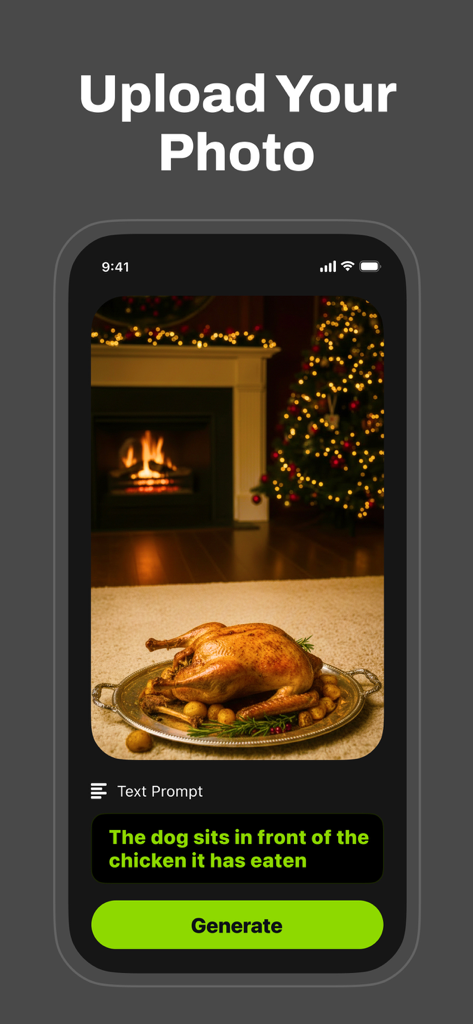 Halo AI - Photo Generator - Halo AI mobile app interface showing a roasted chicken photo with a text prompt to add a dog and a generate button