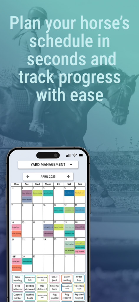 Equiniser - A smartphone showing the Equiniser app yard management calendar with equestrian tasks
