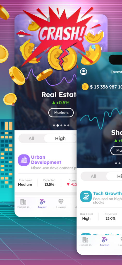 Business Tycoon Clash & Deals - Interfaz del juego Business Tycoon Clash y Deals que muestra un evento de crash del mercado.