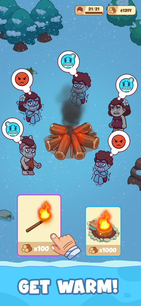 Icy Village: Survival Idle - Villagers shivering around a campfire in the snow with a prompt to upgrade tools to get warm