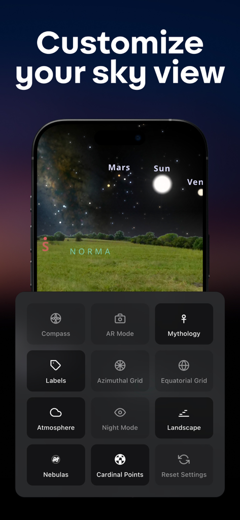Star Gazer & Night Sky Map - Customize your sky view menu in the Star Gazer app with options for AR mode and mythology.