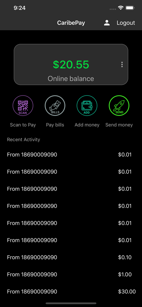 CaribePay mobile app dashboard showing account balance and financial actions