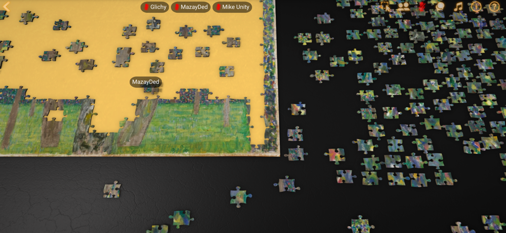 Puzzle Together - A digital jigsaw puzzle game in progress with multiple online players collaborating together.