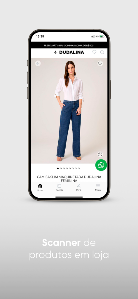 DUDALINA - A mobile phone displaying the Dudalina app with a woman modeling a white slim shirt and blue jeans
