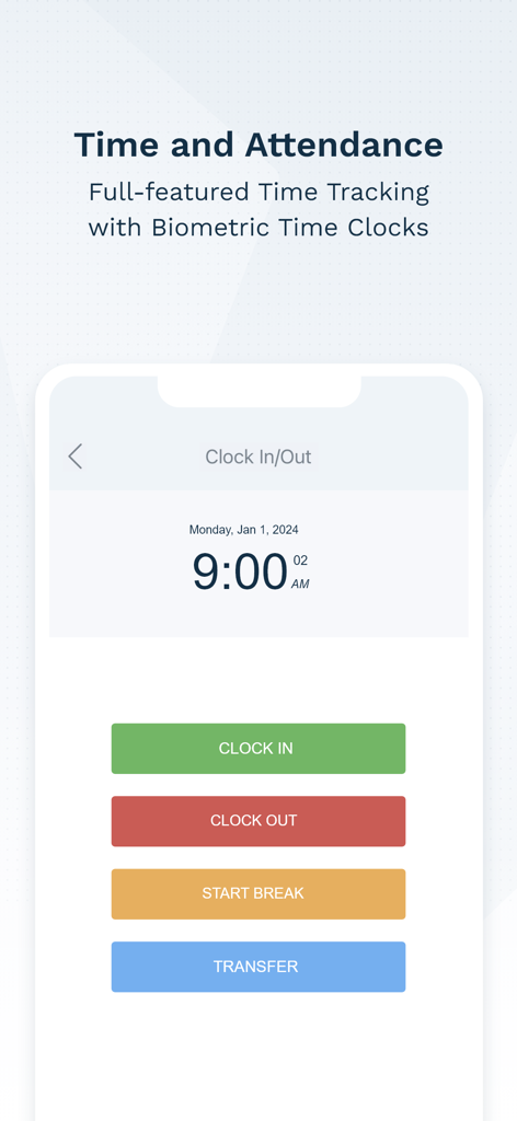 WorkEasy Software - WorkEasy mobile app screen showing clock in and out buttons for staff time tracking