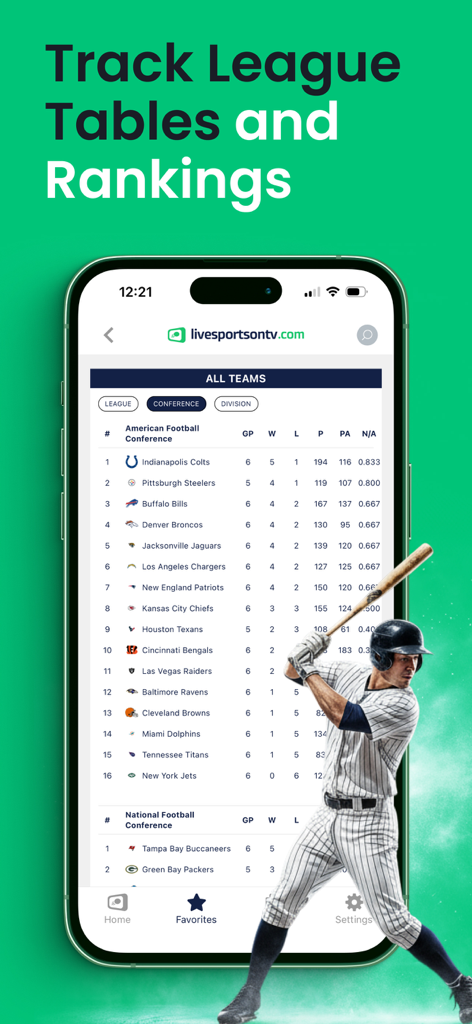 Livesportsontv.com: TV Guide - Pantalla de la aplicación móvil que muestra tablas de ligas deportivas y clasificaciones de conferencias.