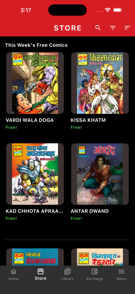 Raj Comics - Raj Comics mobile app store interface displaying a selection of free weekly digital comic books like Doga and Tiranga