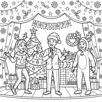 Get ready for some holiday laughs with this lively Christmas Comedians coloring page! Join a festive comedy show featuring stand-up stars in Santa hats and reindeer costumes, all set on a beautifully decorated stage.