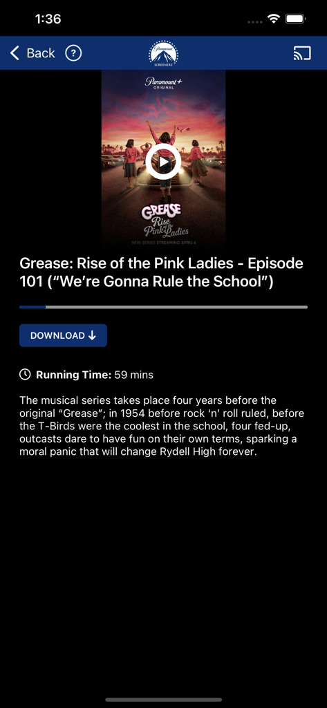 Paramount Screeners app screen showing Grease Rise of the Pink Ladies episode info and download button