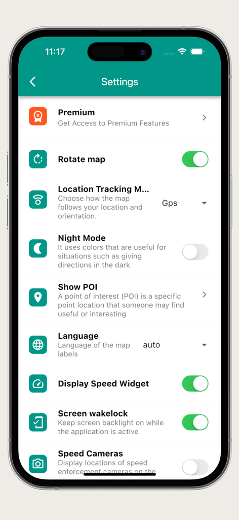 World map offline - Settings menu of the World Map Offline app showing options for map rotation night mode and points of interest
