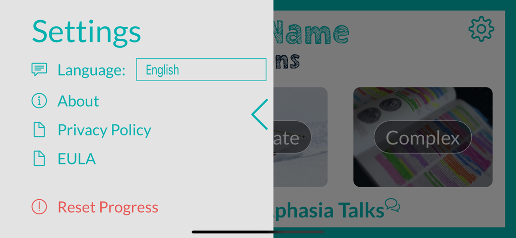 Cue Name - Actions - Cue Name Actionsアプリの設定メニュー。言語選択とプライバシーポリシーのオプションが表示されています。