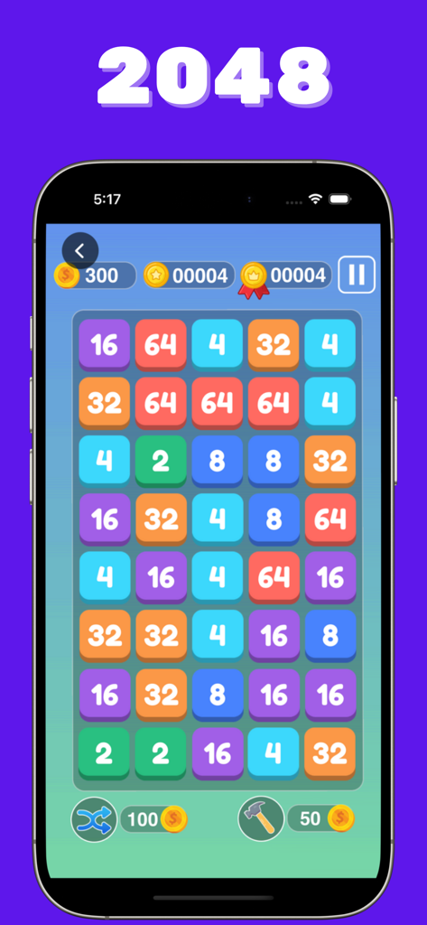 A screenshot of a 2048 number puzzle mini game showing colorful numbered tiles on a grid within the Offline Games app