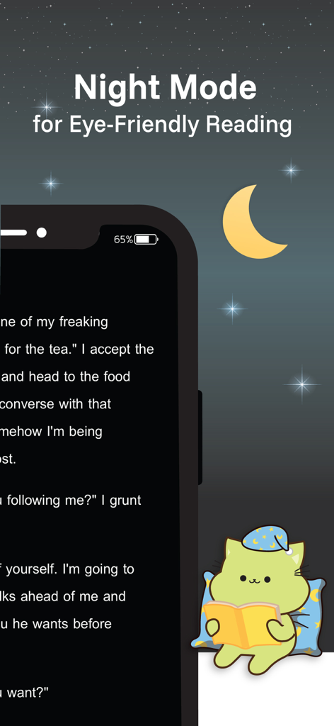 Meb ebook reader app showing its night mode feature for eye-friendly reading with a dark interface and a cute mascot illustration