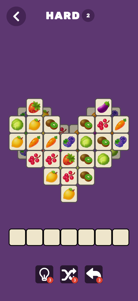 果物と野菜のアイコンを使ったハート型のタイルマッチングパズルゲーム