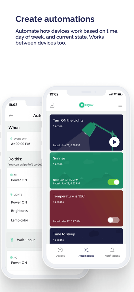 조명 및 온도 제어를 위한 맞춤형 스마트 홈 자동화를 보여주는 Blynk IoT 앱 인터페이스