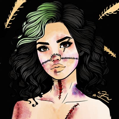 realistic woman portrait with curled hair and serious face