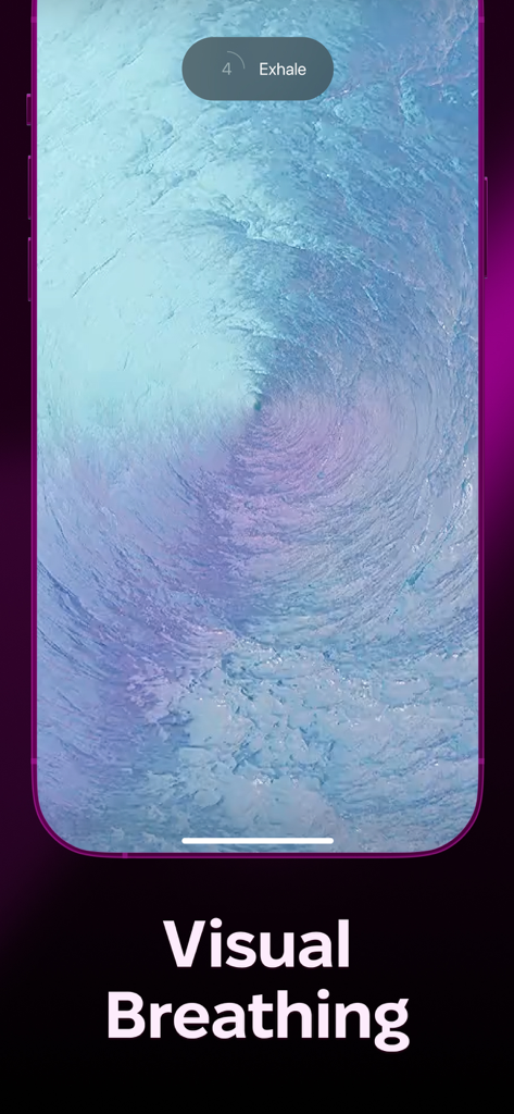 Mesmerize - Visual Meditation - A screenshot of the Mesmerize app showing the visual breathing feature with an exhale prompt over a swirling blue texture