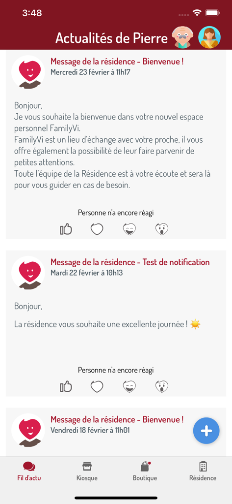 FamilyVi - Screenshot of the FamilyVi app news feed displaying welcome messages and updates from a senior care residence