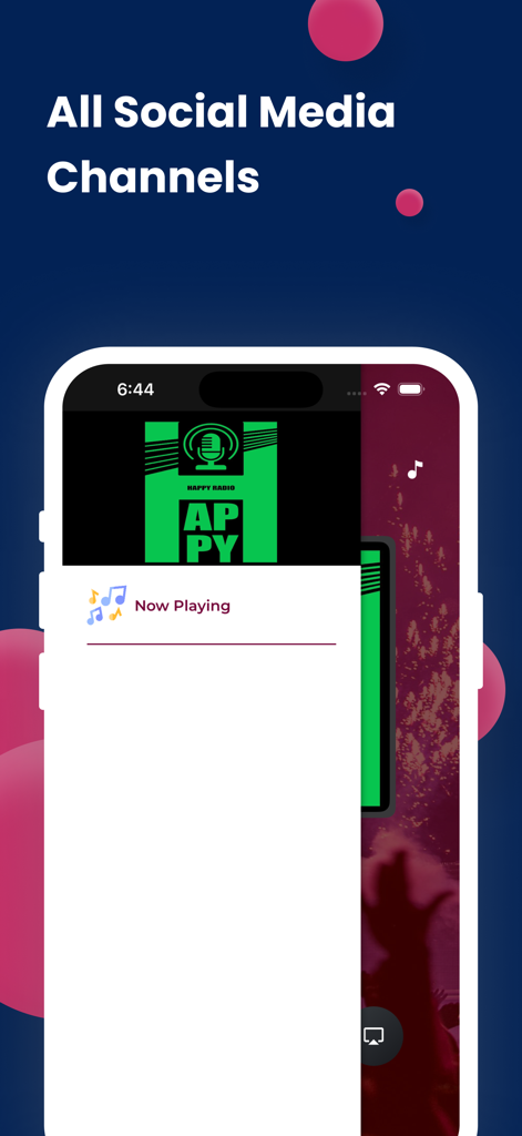 My Happy Radio - My Happy Radio app interface displaying the now playing screen and social media channel options