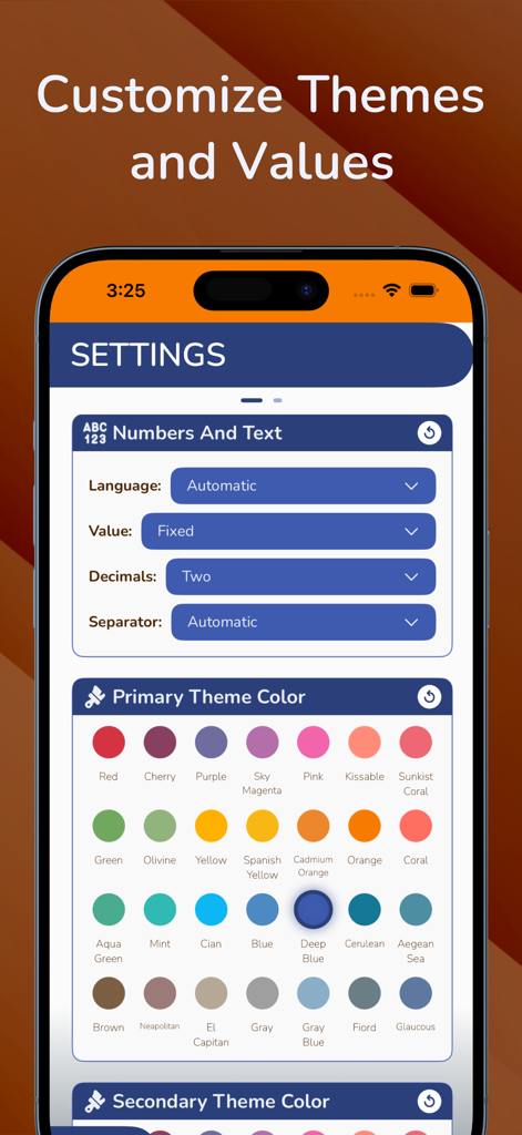 Gas Laws by CA - Pantalla de configuración de la aplicación Leyes de los Gases que muestra opciones para los colores principales del tema y el formato de los números