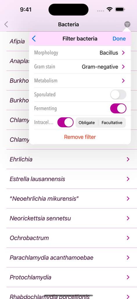 Mensa Guide - Interface of the Mensa Guide app showing advanced filtering options for bacteria by morphology, gram stain, and metabolic characteristics.