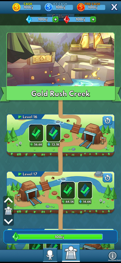 Screenshot showing mining level progression and resource collection in Gold Rush Creek