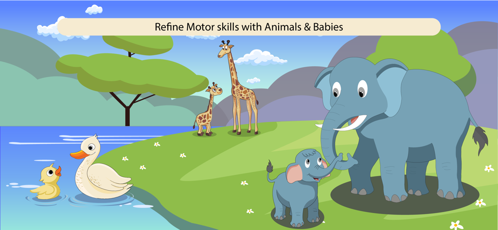 Educational toddler game screen featuring cartoon animals like elephants and giraffes