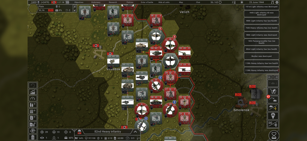 Hex of Steel - Gameplay screenshot of Hex of Steel showing a World War II tactical battle on a hex grid map with various military units.