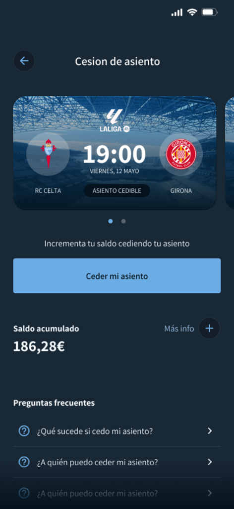Celta App - Celta App Benutzeroberfläche zur Verwaltung von Sitzplatzfreigaben für Spiele und Anzeige des angesammelten Guthabens