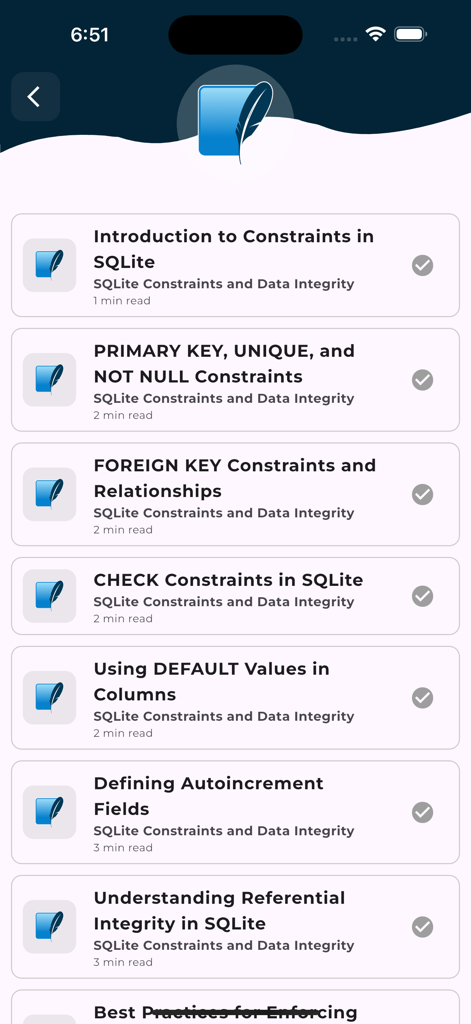 Learn SQLite Database - List of SQLite tutorials focusing on constraints and data integrity within the app.