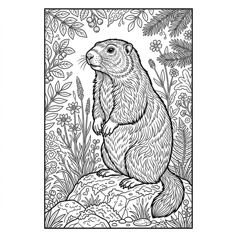 Embark on a creative journey with this intricate marmot coloring bookmark, perfect for teens who love nature and detailed designs. Bring this adorable ground squirrel and its natural habitat to life, then use your masterpiece to mark your favorite reads.