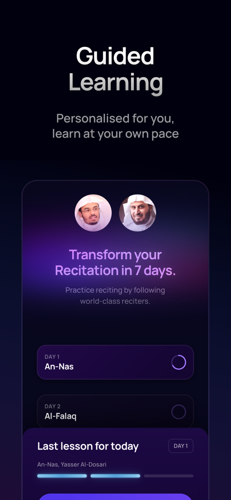 Interface of the Nextayah app showing a personalized seven day guided learning plan for Quran recitation