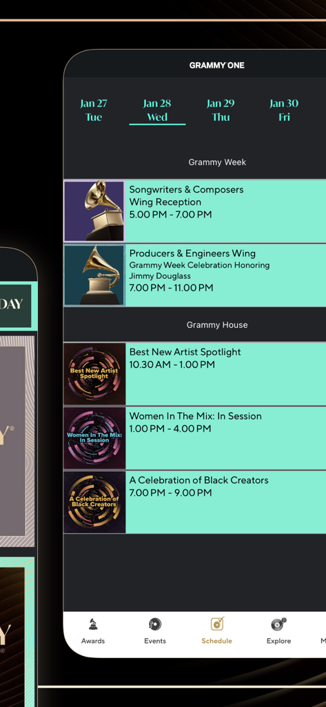 Grammy One - Un programma giornaliero di eventi nell'app Grammy One che mostra le sessioni per la Grammy Week e la Grammy House