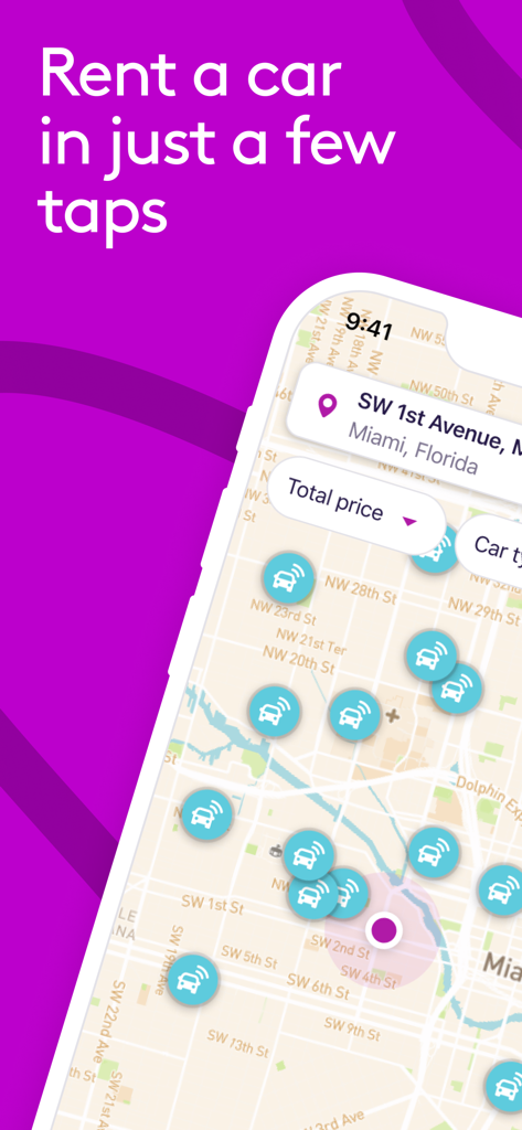 Getaround - car rental - Getaround app screen showing a map with available cars to rent and a promotional headline