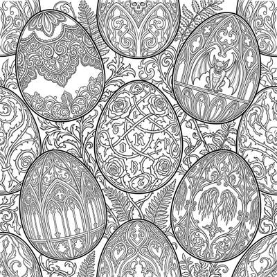 Dive into a uniquely dark and enchanting Easter with our Gothic Wooden Easter Eggs coloring page. Each egg features intricate carvings of Victorian lace, gargoyles, and roses, set against a backdrop of mysterious foliage, offering a captivating artistic challenge.