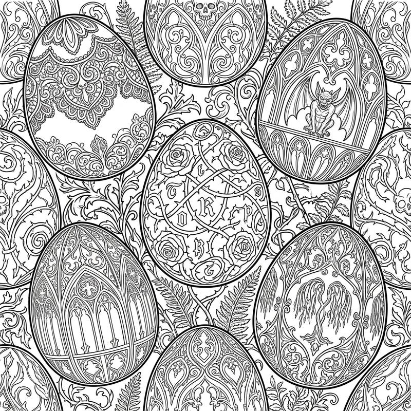 Dive into a uniquely dark and enchanting Easter with our Gothic Wooden Easter Eggs coloring page. Each egg features intricate carvings of Victorian lace, gargoyles, and roses, set against a backdrop of mysterious foliage, offering a captivating artistic challenge.
