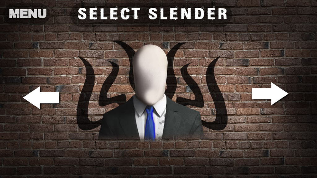 Projector Slender 3D Prank - Character selection screen for Slender Man in a prank projector app showing the faceless figure in a suit.