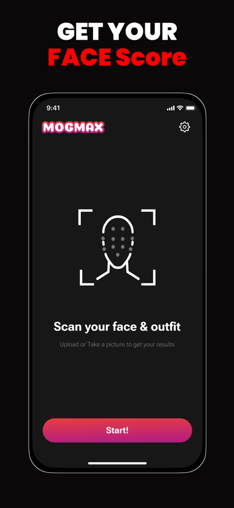 MogMax AI - LooksMax AI Rating - MogMax AI app start screen for facial and outfit scanning