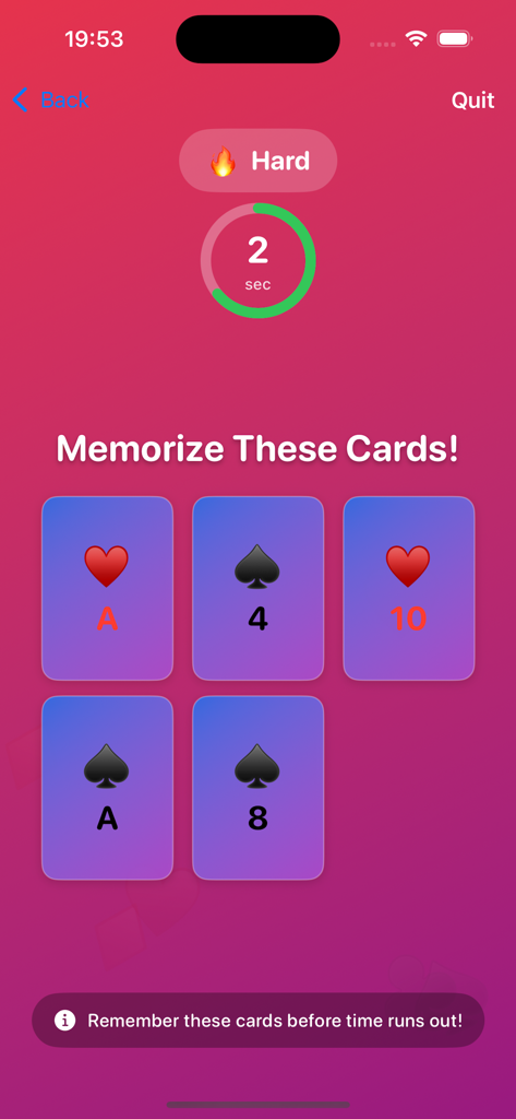 RankSagaCard - Memory challenge screen in RankSagaCard showing five playing cards to memorize on hard difficulty.