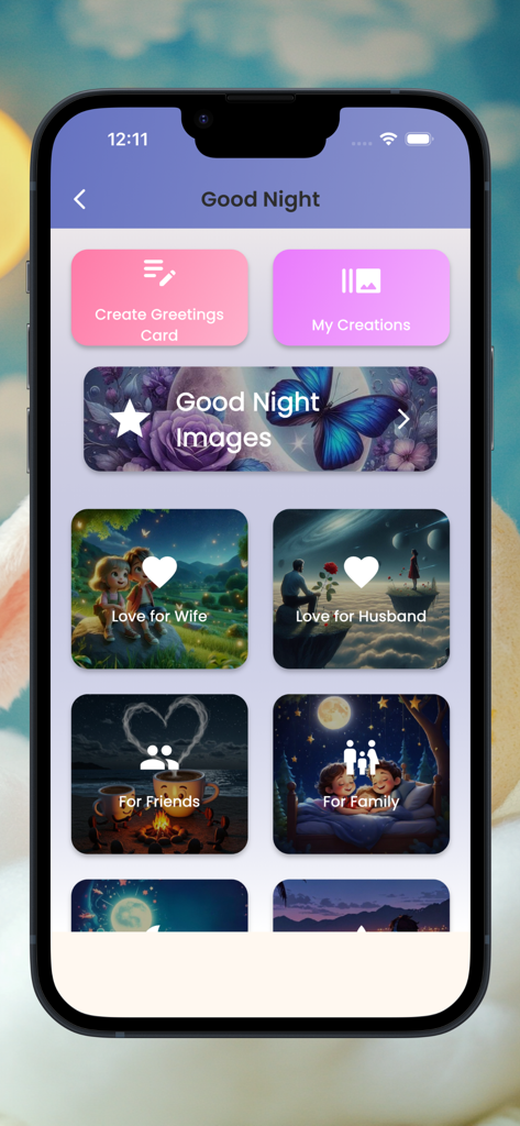 Good Morning greetings - Interface of the Good Night greetings app showing personalized categories for family friends and spouses