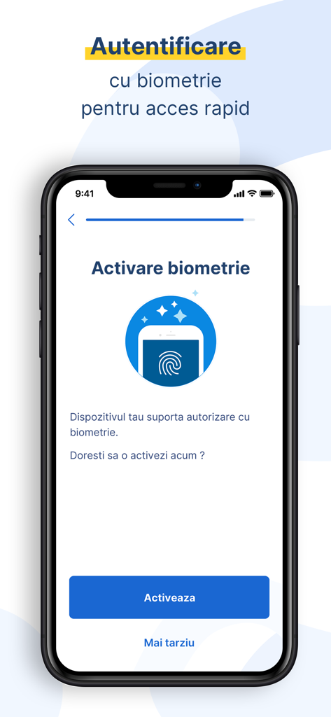 eToken BCR app screen showing biometric activation with a fingerprint icon for secure access.