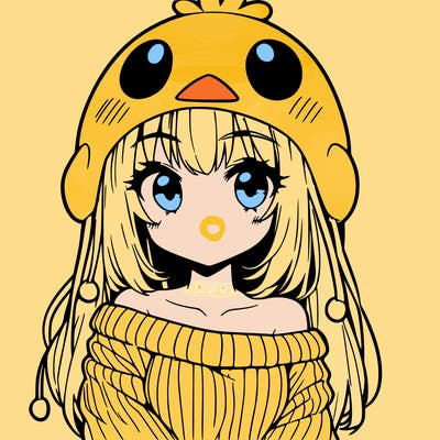 anime girl with chick shaped hat with sweater with bare shoulders with bangs covering them one eye with low tail