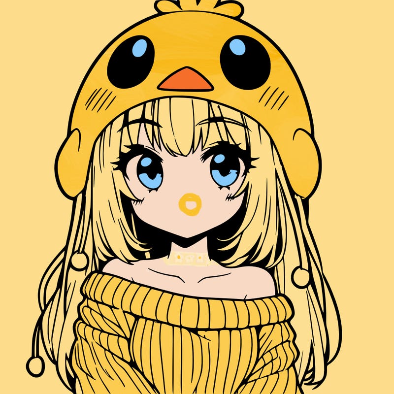 anime girl with chick shaped hat with sweater with bare shoulders with bangs covering them one eye with low tail
