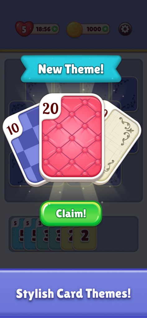 Card Merge Master - Ein Spielbildschirm, der verschiedene stilvolle Kartendesigns und einen Schaltfläche zum Beanspruchen neuer Themen anzeigt