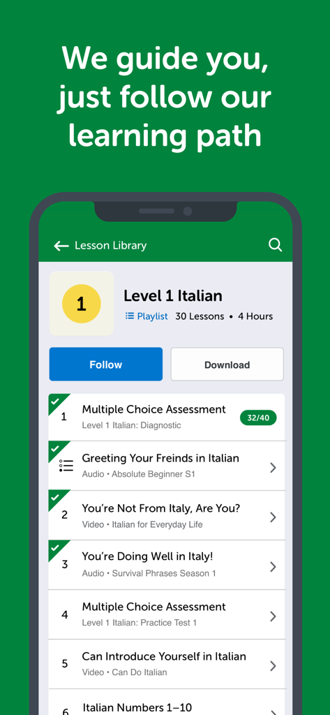 Innovative Language Learning - Mobile app screen showing a structured lesson library and learning path for Level 1 Italian.