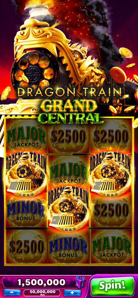 Jackpot Party - Casino Slots - Jackpot Party Casino Dragon Train Grand Central tragamonedas mostrando grandes botes y un botón de giro