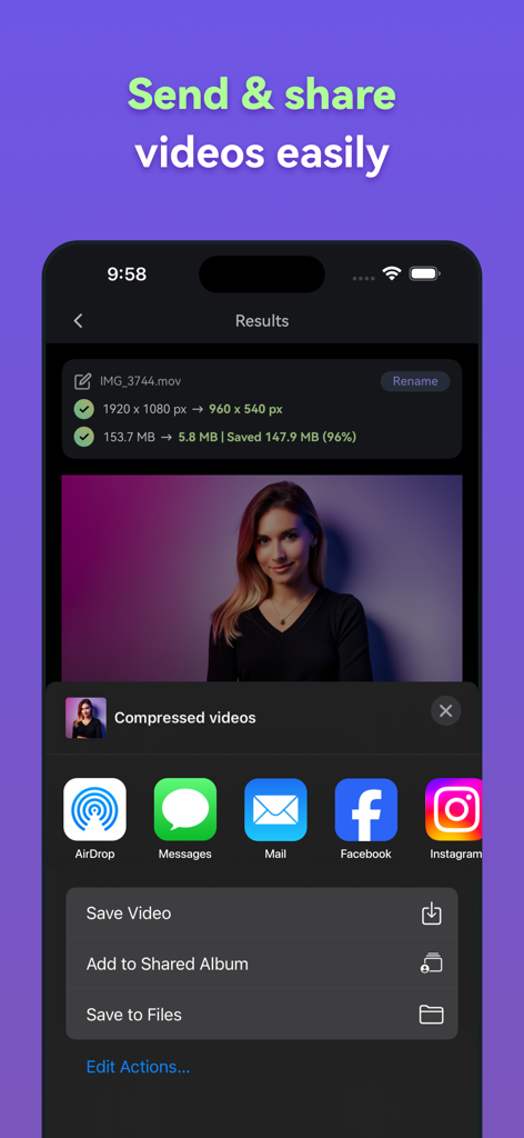 Interface of Panda Video Compressor showing a 96 percent size reduction and sharing buttons