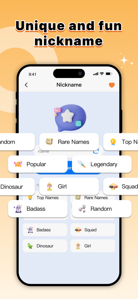 Stylish Font for Keyboard - A smartphone displaying the nickname generator screen with categories like Rare Names and Legendary fonts.