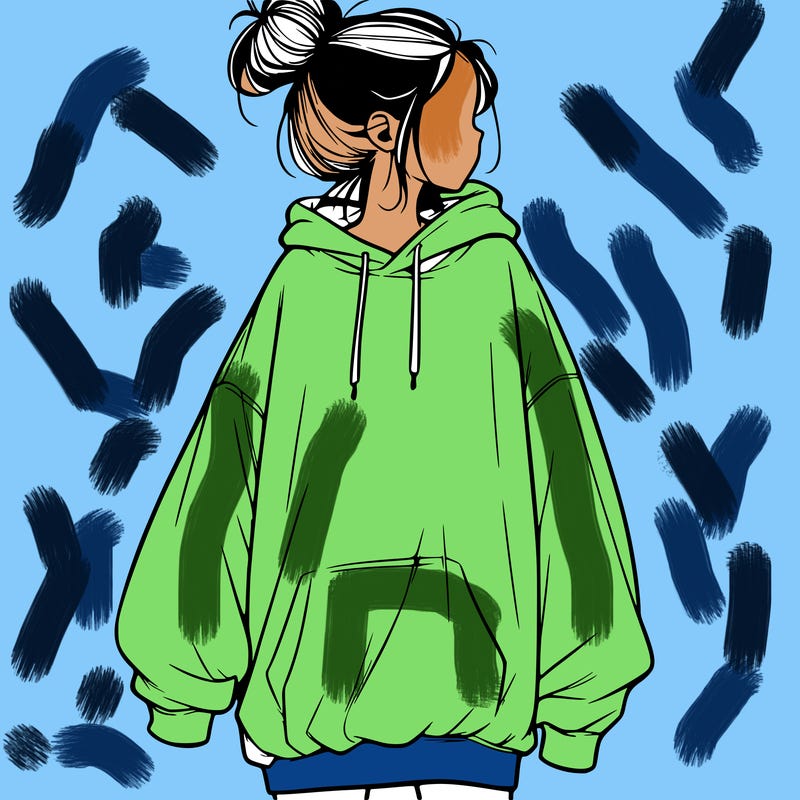 realistic girl with a oversized sweatshirt on and a bun