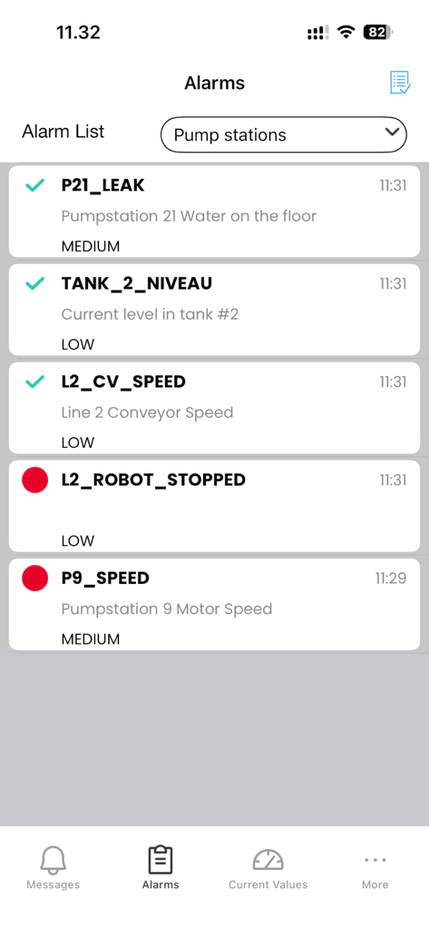 SmartDirect - SmartDirect mobile app showing a list of industrial SCADA alarms for pump stations
